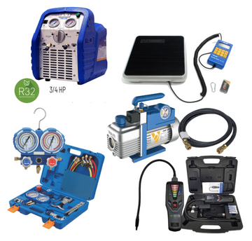 Air Conditioning/Refrigeration Service Set: Vacuum Pump, Leak Detector, Scales, Refrigerant Hoses & Manometers