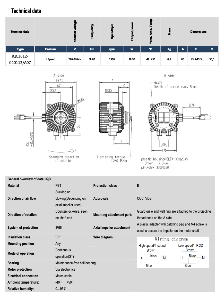 Fan motor / LOW-ENERGY MOTOR EBM IQC 3612-040112/A07